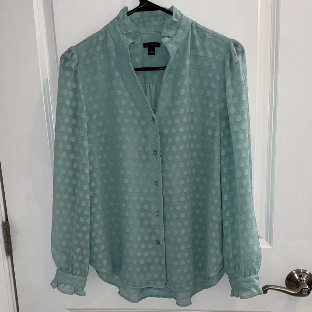 Ann Taylor Light Green Polka Dot Blouse